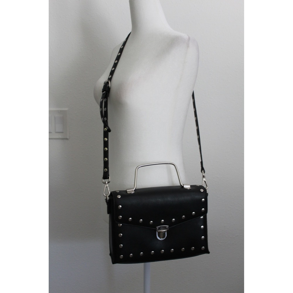 Current Mood Black Leather Studded Crossbody Bag Metal Handle‎ Satchel Studs